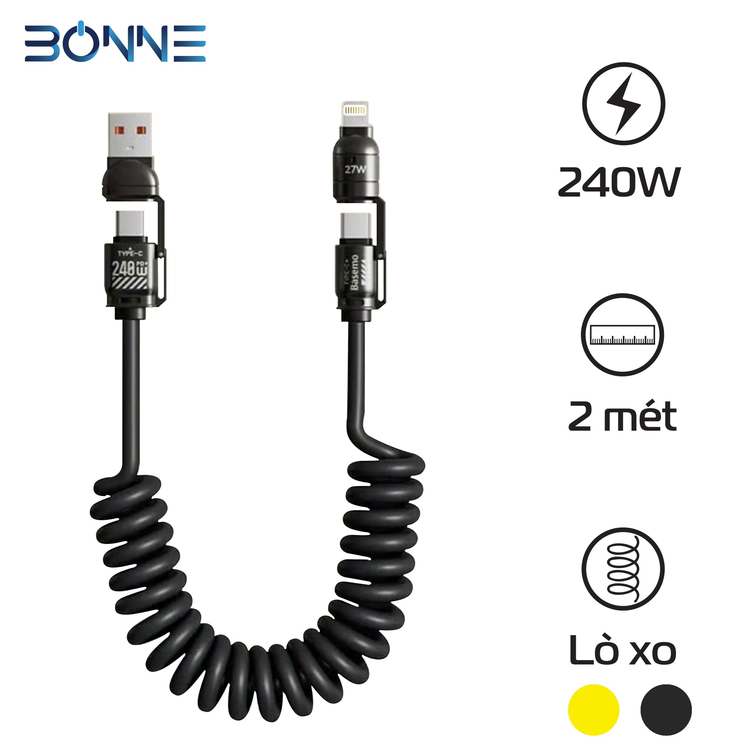 Cáp sạc lò xo 4in1 BC29 Plus 240W chống rối – Bonne