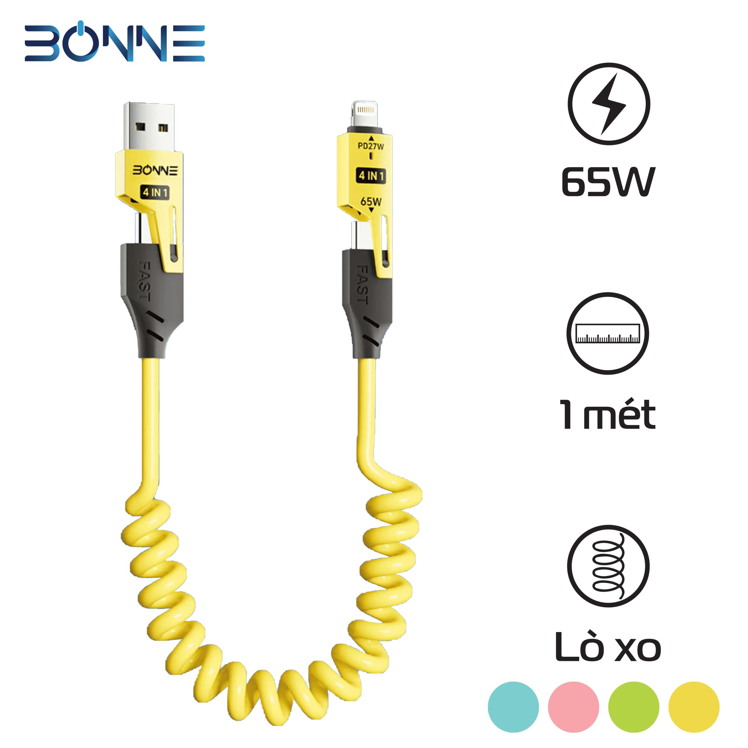 Cáp sạc lò xo 4in1 BC29 65W chống rối – Bonne