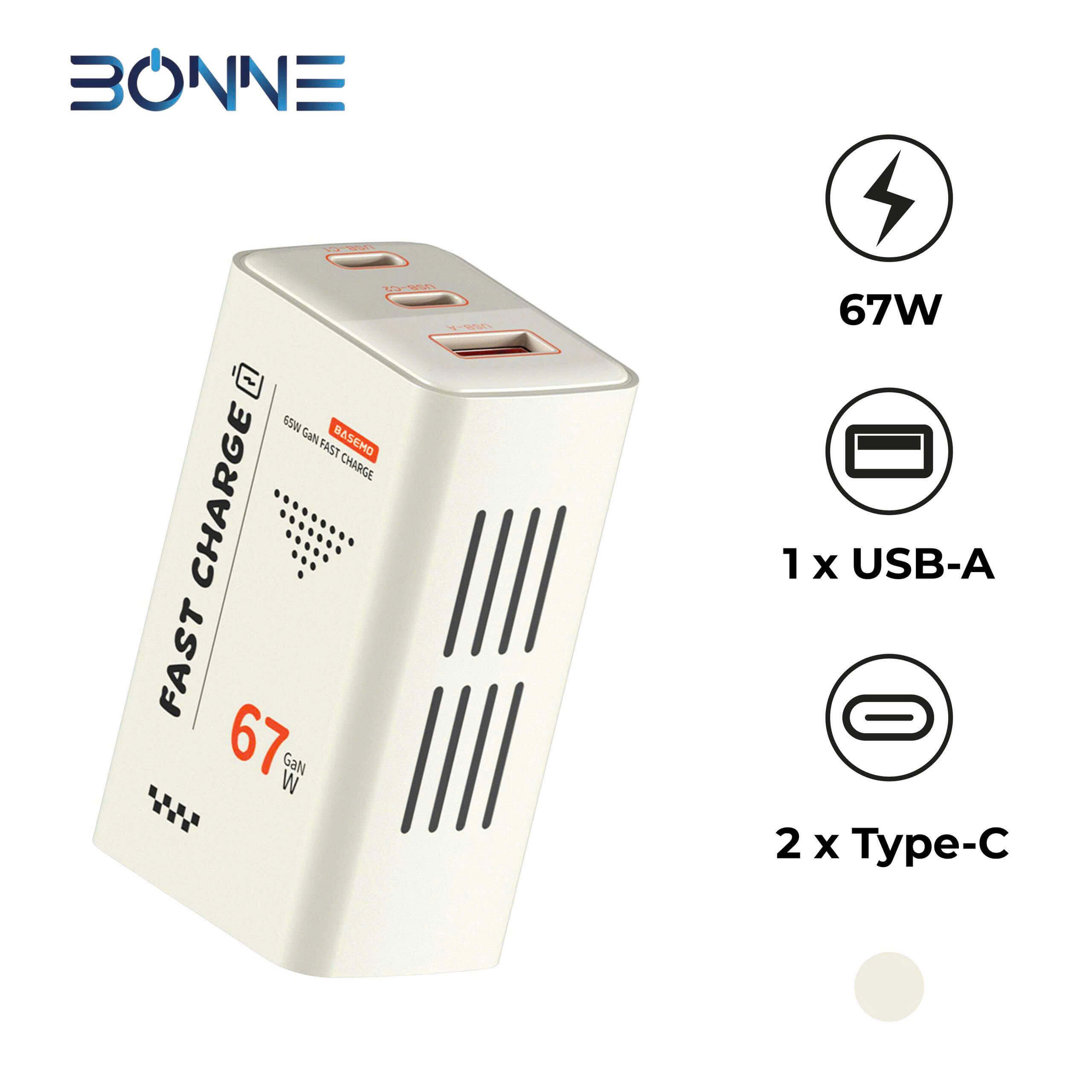 Củ sạc nhanh GaN 67W 3 cổng (USB + 2 Type-C) – Bonne